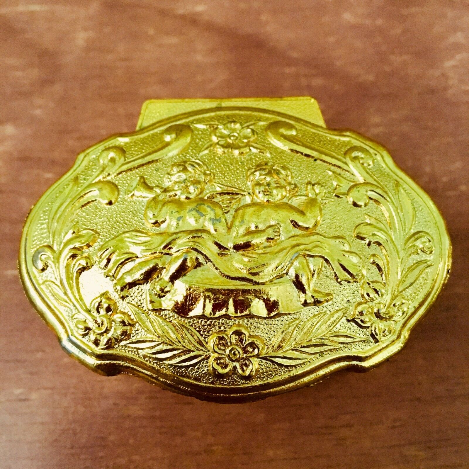 Antique Japan Metal Miniature Jewelry Trinket Box Golden W/ Cherubs 1067998