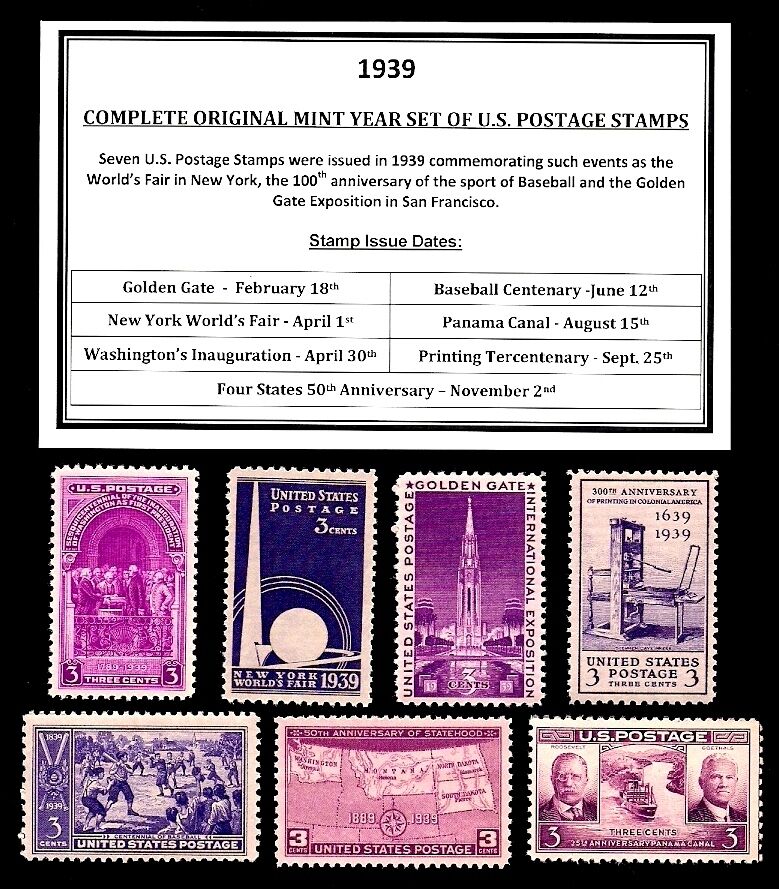 1939 Complete Year Set Of Mint -mnh- Vintage U.s. Postage Stamps