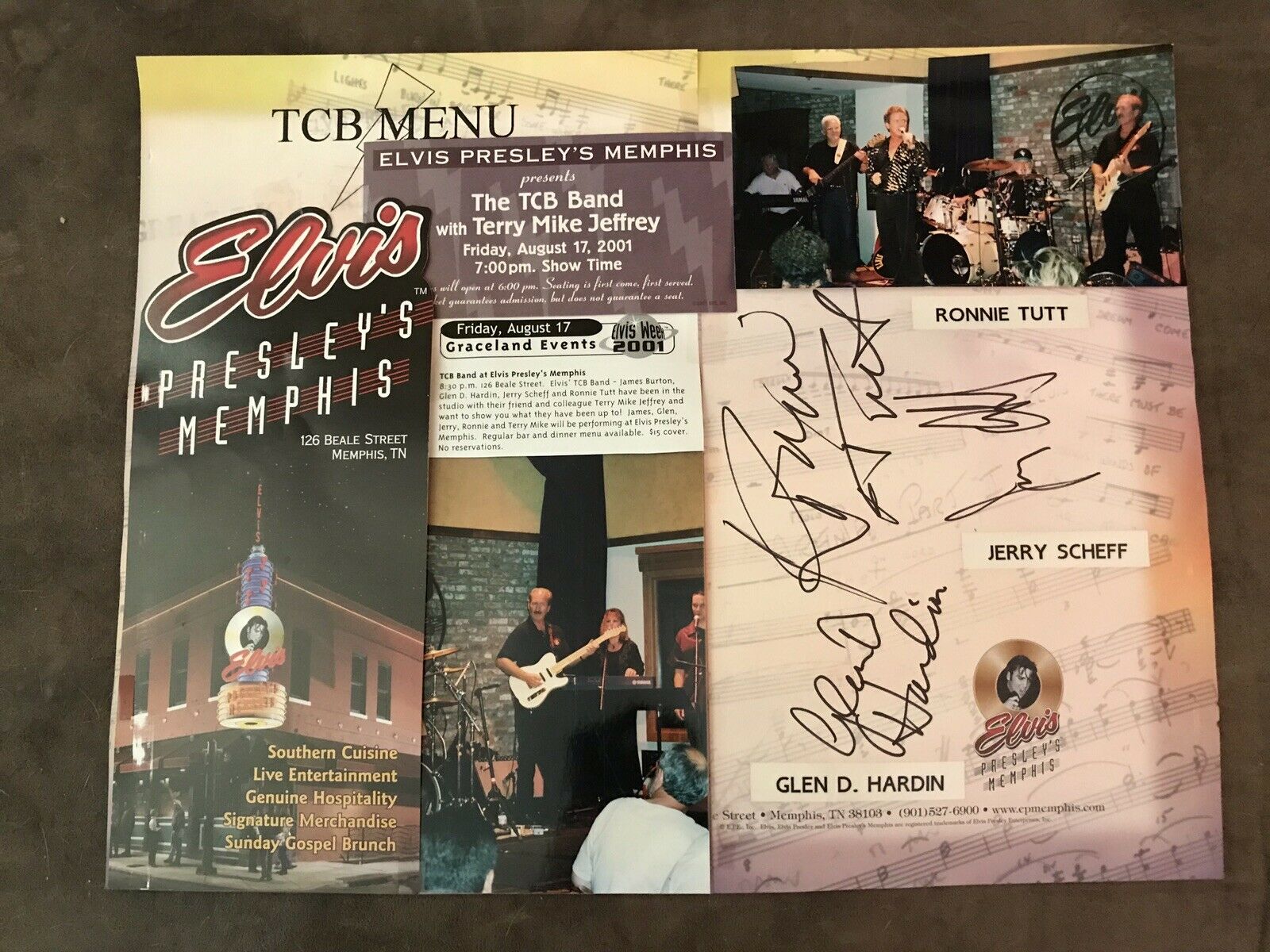 Elvis Tcb Band Members Signed Epm Menu / Tutt / Hardin / Scheff / From Memphis